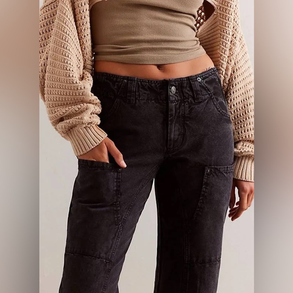 Free People Supersonic Pants 100% Cotton Slim Fit Straight Barrel Black Size 6 - Picture 2 of 14
